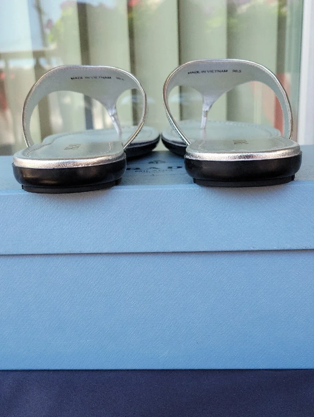 Prada Metallic Silver Logo Thong Sandals
